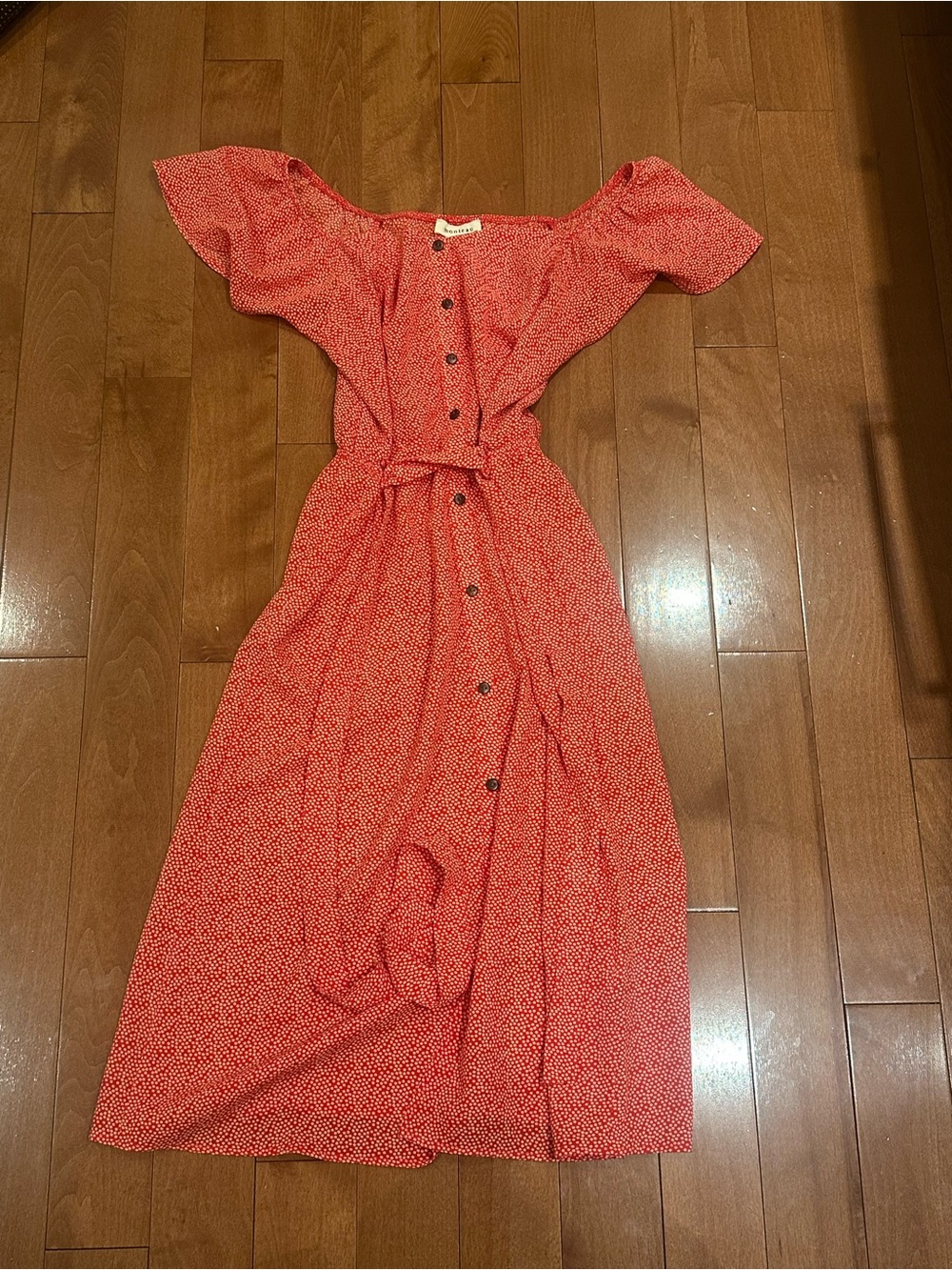 Monteau Red Button-Front Off-Shoulder Maxi Dress